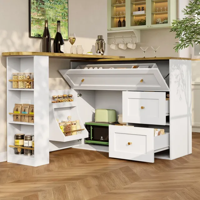 MIVRAY Bartafel - Uitschuifbaar Met Opbergruimte En Draaiblad - Voor Keuken En Woonkamer - MDF En Metaal - Wit