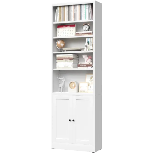FloraGrace Boekenkast - Industrieel Wit Metaal Met 5 Verstelbare Planken En Deur - Voor Woonkamer En Kantoor - 60x23,6x180 Cm