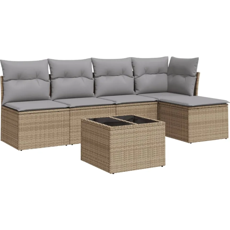 vidaXL 6-delige Loungeset met kussens poly rattan beige