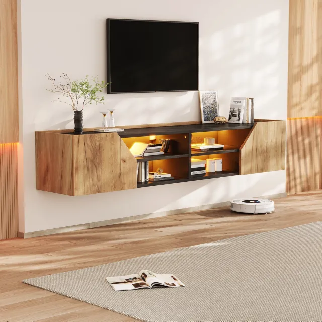 HAUSS SPOLE Tv-Meubel - Wandmodel met Led en 2 Deuren - Voor Tv's tot 75 Inch - Mdf en Spaanplaat - 180x36,5x40 Cm - Zwart en Houtkleur