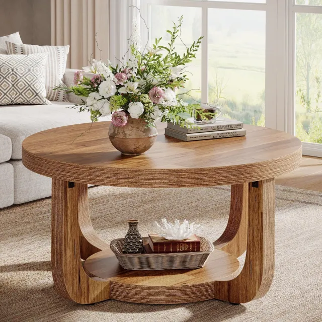 Little Trees LITTLE TREE Salontafel - 80 x 80 x 41 cm - Ronde - 2‑Laags - Hout - Dik Tafelblad En Onderstel Bruin