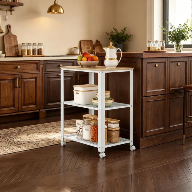STILVORA Keukenwagen Verrijdbaar – 60 x 40 x 76 cm – Metaal En Spaanplaat – Wit En Licht Eiken – Drielaagse Open Opbergruimte Met Remmen Wit + lichte eik