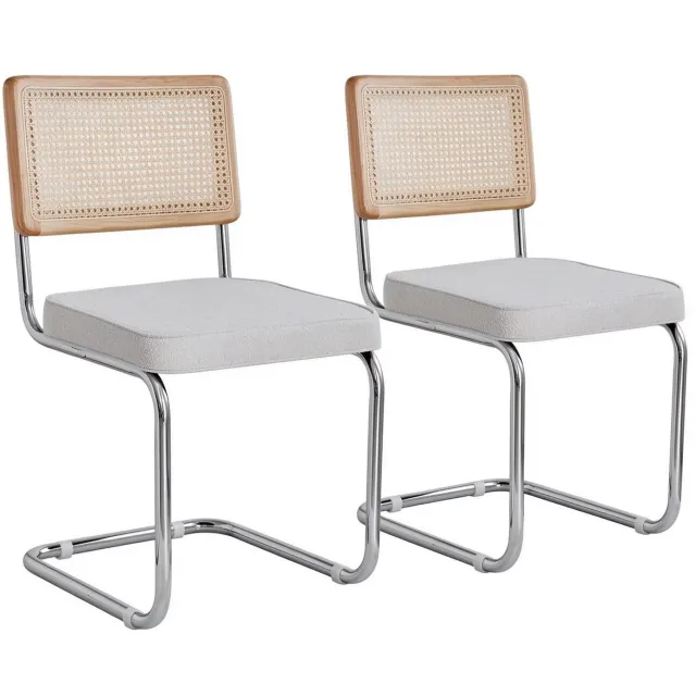 SONNENH Eetkamerstoelen set van 2 - Witte velvet zitting - Naturel rotan rug met houten rand - Metalen sledeframe Wit met naturel houten rugrand en zilverkleurig frame