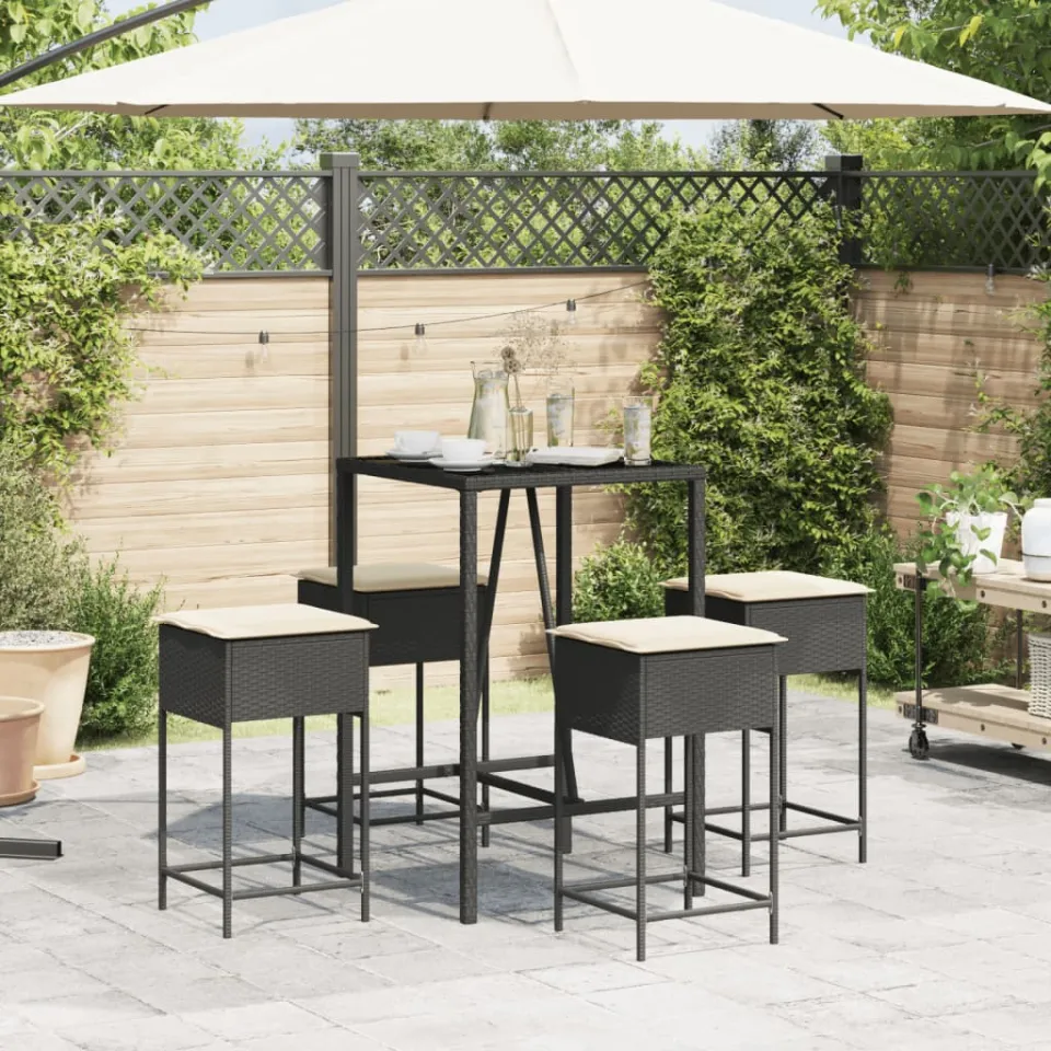 vidaXL 5-delige Tuinbarset met kussens poly rattan zwart, foto 2