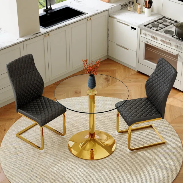 MODENUIT Eettafelset 85 cm - Ronde Tafel Met Gehard Glas - 2 Stoelen - Voor Eetkamer Woonkamer - Metaal En PU - Zwart Goud Zwart, Goud, Transparant