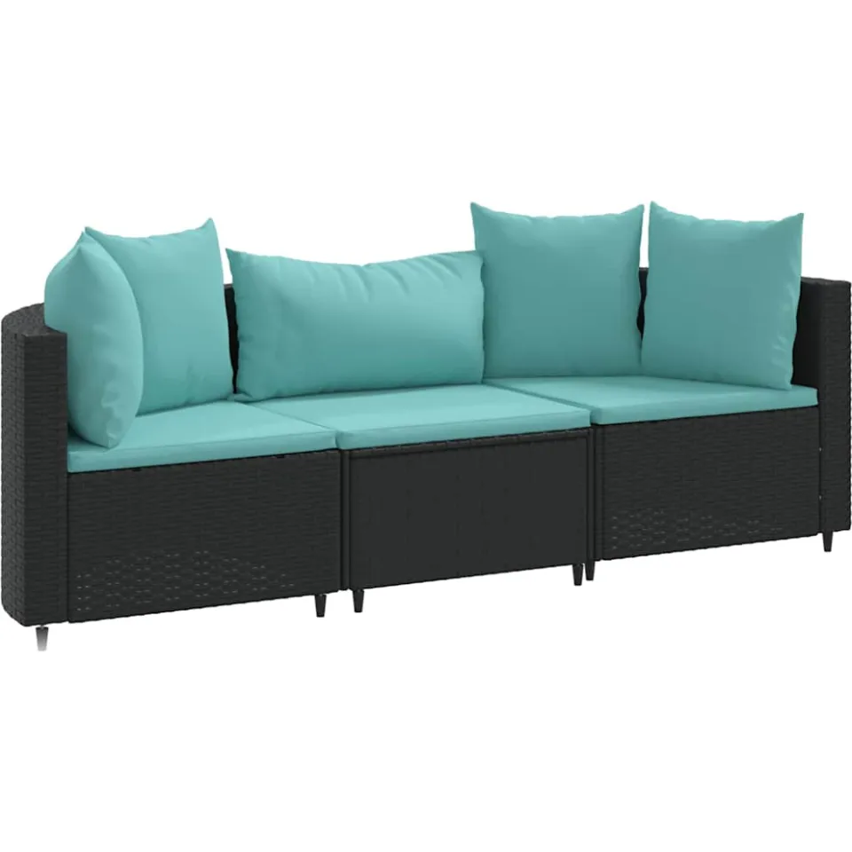 vidaXL 3-delige Loungeset met kussens poly rattan zwart