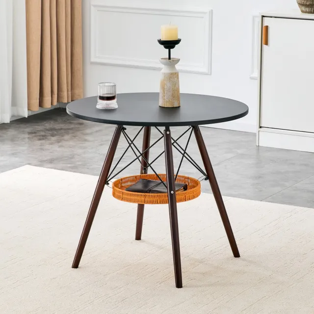 DESMIU Eettafel - Ronde Tafel Met Opbergmand Voor 2 Tot 4 Personen - Voor Eethoek En Balkon - MDF En Massief Hout - 80 Cm - Zwart Walnoot Walnootkleurig