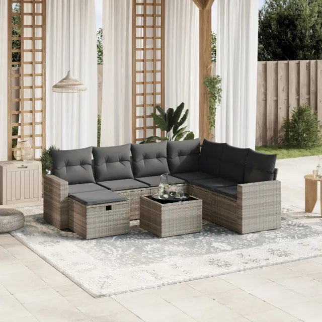 vidaXL 8-delige Loungeset met kussens poly rattan lichtgrijs grijs, foto 2