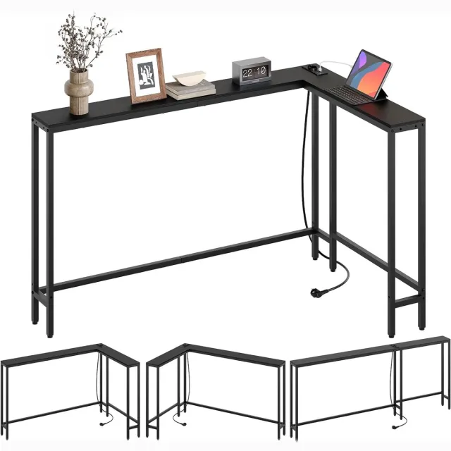 Homesy Consoletafel smal, 180 cm L-vormige ingangstafel, 15 cm brede gangtafel, 3 combinatiemodi, 1 stopcontact en 2 USB-poorten, voor woonkamer, hal, achter de bank, zwart
