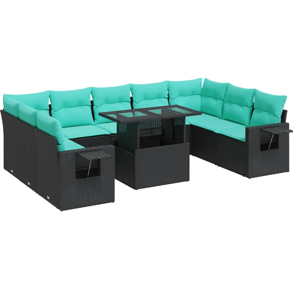 vidaXL 10-delige Loungeset met kussens poly rattan acacia zwart, foto 3