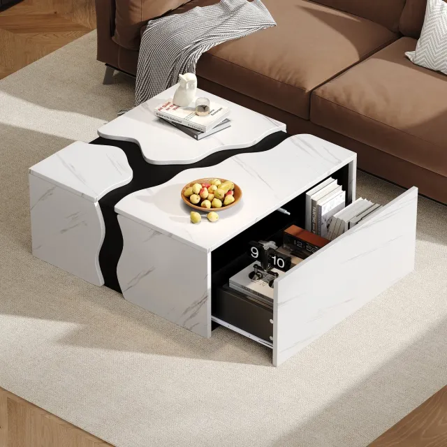 Clruro Salontafel - 70 x 70 x 31 cm - Geometrisch Design - Met Lade - Uniek Marmor Design - Opbergruimte en Speltafel Wit