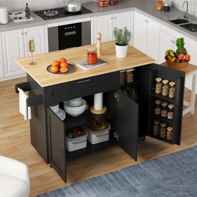 STILVORA Keukentrolley - Uitklapbaar Werkblad En Opslag Met Lade En 2 Deuren - 5 Wielen (2 Met Rem) - MDF - 132.5x44(70)x90 Cm - Zwart+Naturel