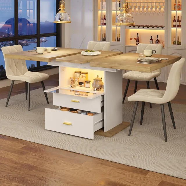 STILVORA Eettafel - Uitschuifbaar Met Led En Opbergruimte - Voor Keuken En Eetkamer - MDF - 110-140x80x75 Cm - Wit Natuurlijk