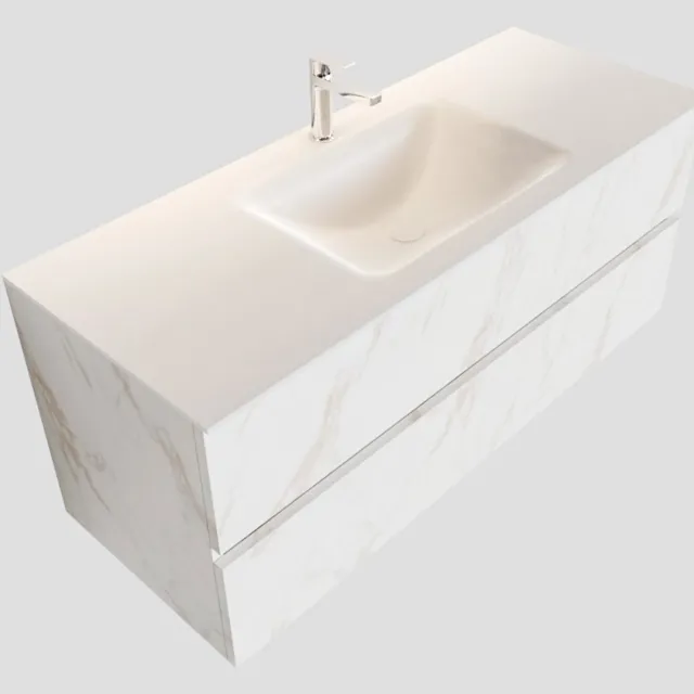 Boss & Wessing Badkamermeubel BWS Valencia Carrara Mat 120 cm Solid Surface Wastafel (1 kraangat, 2 lades)