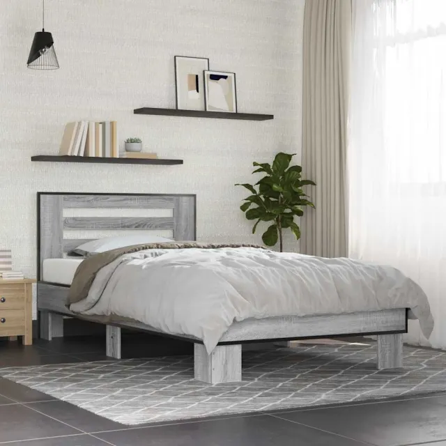 vidaXL Bedframe bewerkt hout en metaal grijs sonoma eiken 100x200 cm