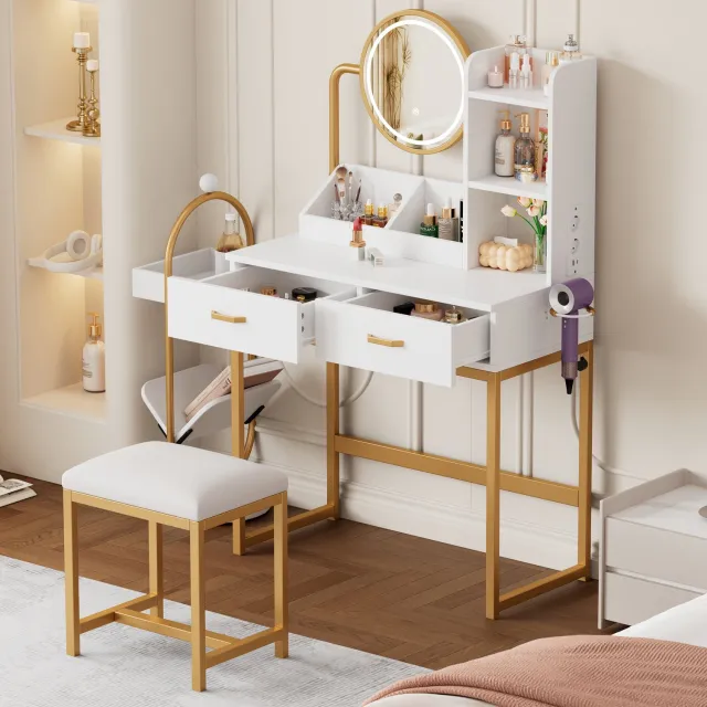 CHICFURN Kaptafel - 1 persoon - LED-spiegel - 2 lades - Wit goud Wit en goud