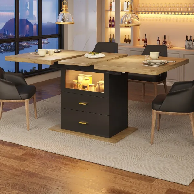 DESMIU Uittrekbare Eettafel - Modern Design Met LED En Twee Lades - Voor Keuken Woonkamer En Balkon - Houtkleur Zwart - 110x80x75 Cm