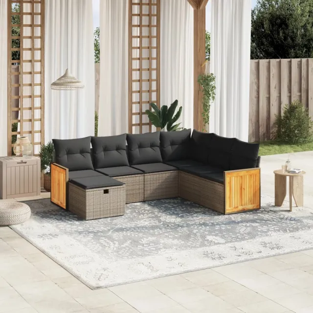 vidaXL 7-delige Loungeset met kussens poly rattan grijs, foto 2