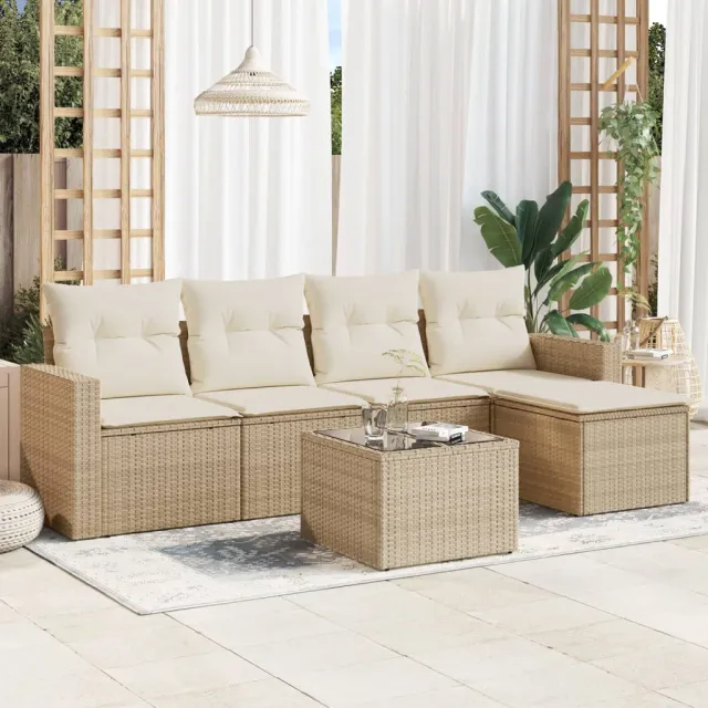 vidaXL 6-delige Loungeset met kussens poly rattan beige, foto 2