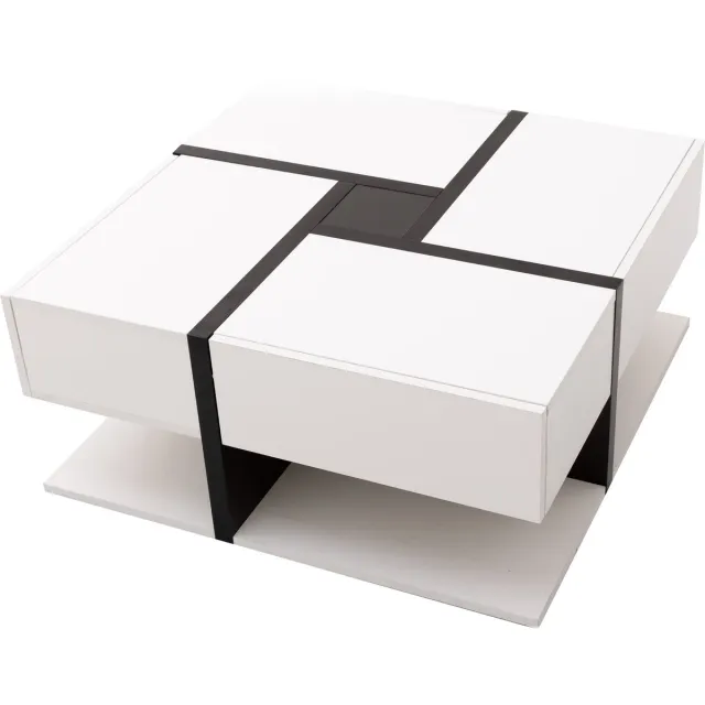 Merax Vierkante Salontafel met 4 Lades en Open Opbergruimte – Hoogglans Wit met Zwart – 78x78 cm – Modern Design – MDF