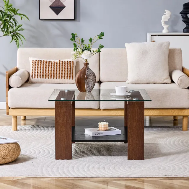 REDOM Salontafel - Met Opbergrek En Glazen Blad - Modern - Voor Woonkamer - MDF En Glas - Walnootkleur - 65 X 41 X 45,5 Cm Okkernoot
