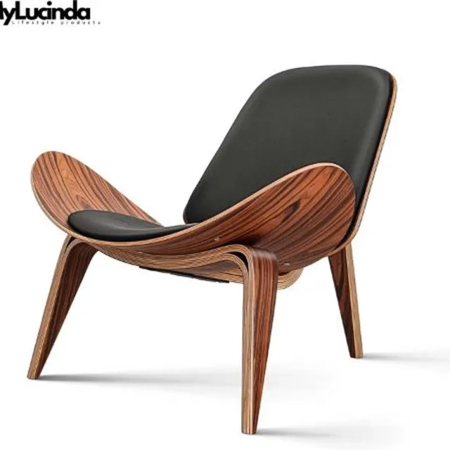 Mylucinda Luxe Nordic Lounge Stoel - Driepotig Schelpontwerp - Zwart Walnoot Multiplex & Hoogwaardig Kunstleer - Perfect voor de Woonkamer Zwart/Donkerbruin