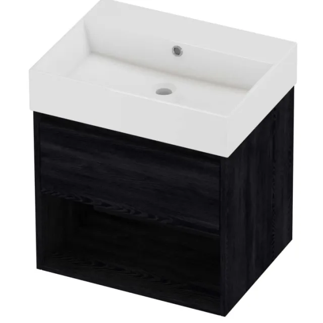 Proline Zara Badmeubelset Porselein Loft Zonder Kraangat Met Schap 60x46x65 cm Glans Wit Black Oak Eiken
