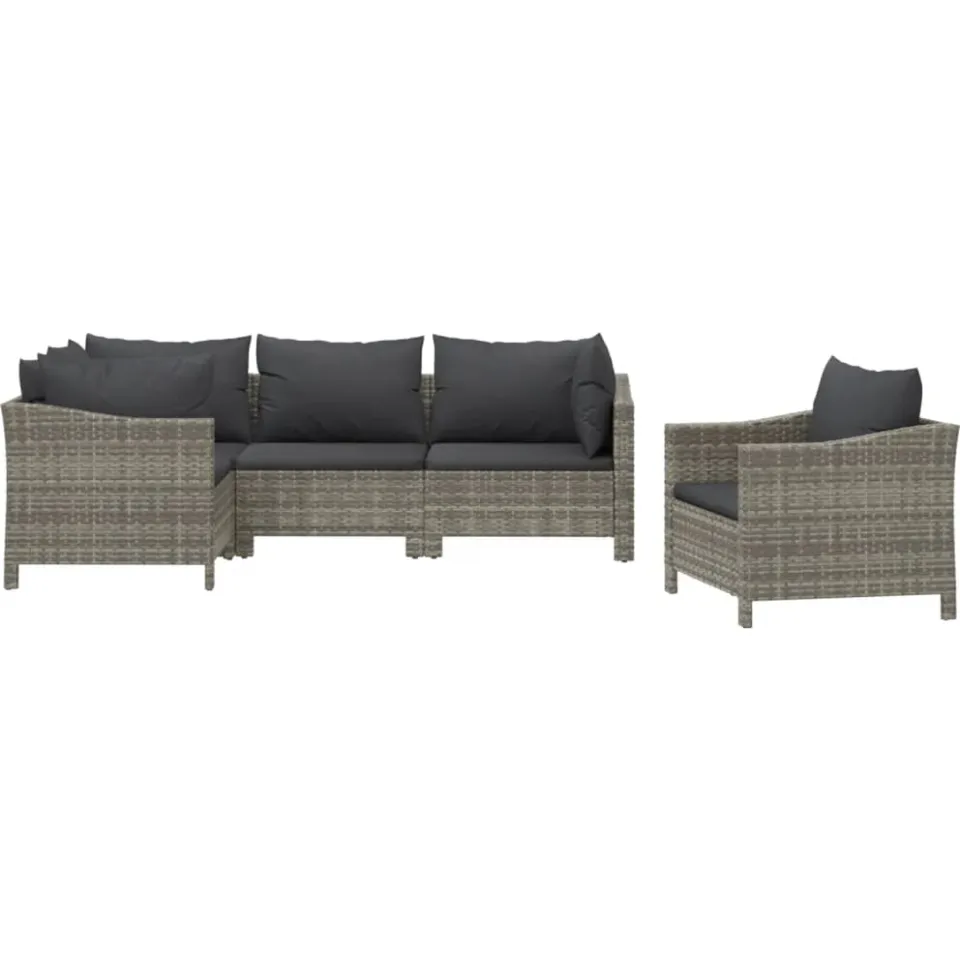 vidaXL 5-delige Loungeset met kussens poly rattan grijs
