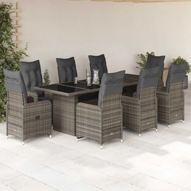 vidaXL 9-delige Bistroset met kussens poly rattan grijs, foto 2