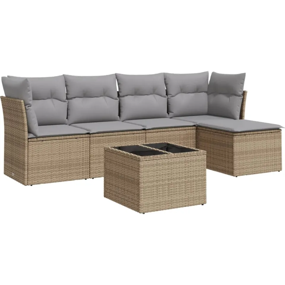 vidaXL 6-delige Loungeset met kussens poly rattan beige