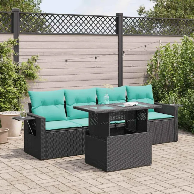 vidaXL 5-delige Loungeset met kussens poly rattan acacia zwart, foto 2
