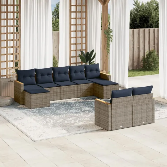 vidaXL 9-delige tuinbankset met kussens, grijs polyrotan, foto 2