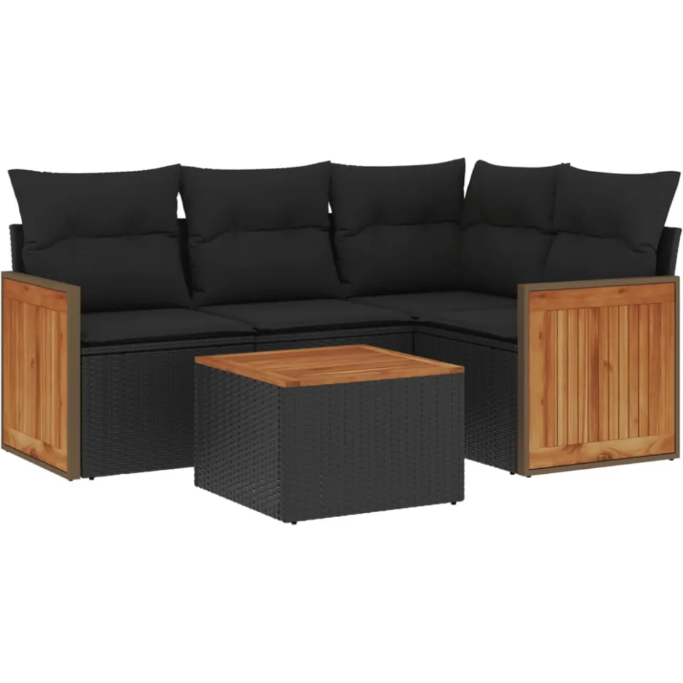 vidaXL 5-delige Loungeset met kussens poly rattan zwart, foto 3