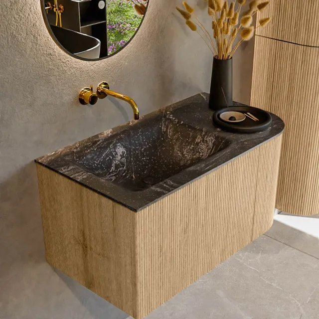 Mondiaz KURVE-DLUX 85 cm Onderkast Greeploos 1 Lade Met Deuren Oak, Wastafel Solid Surface Links Lava 0 Kraangaten Zonder Spiegel (KRVCLO85R1L1D0KL-Oak/Lav)