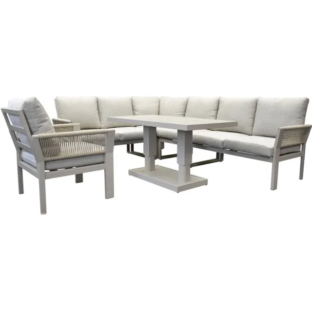 AVH-Collectie Saigon lounge dining set 6 delig verstelbare tafel latte zand aluminium Zand / Latte / Linen