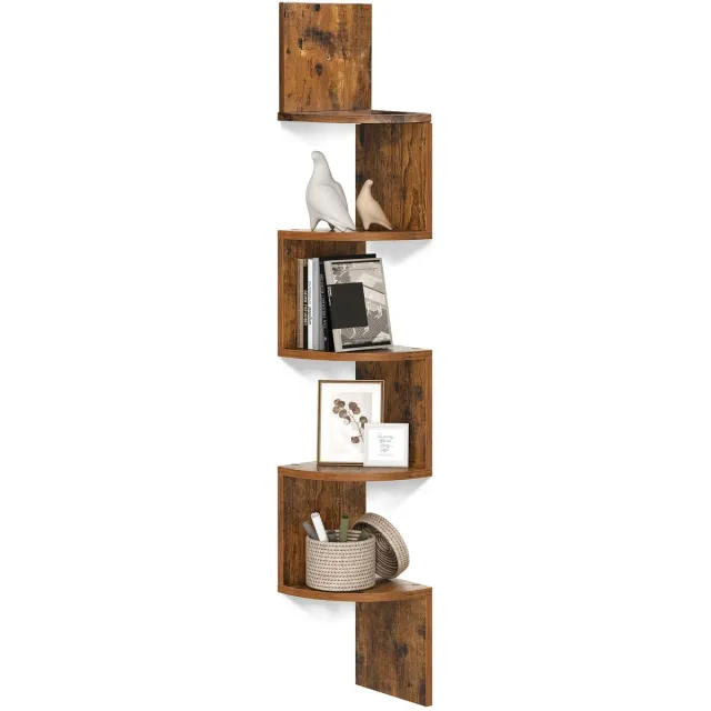 NaevaMi Hoekplank Wand Rek - Wandplank Zwevend - Wandplank Hoek - Hoekschap - Wandplank Hout - Wandplanken & Rekken - 5 Niveau - Boekenkast - Boekenplank - 20x20x126cm - Hout/Bruin