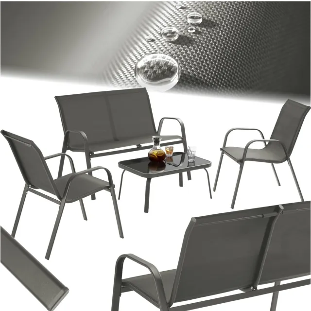 Tectake Tuinset Nora - Moderne Zitgroep voor 4 Personen - Loungeset met Tuinbank en 2 Tuinstoelen van Ademend, Waterafstotend Textileen-Weefsel - Balkonset Met Bijzettafel - Luxe Tuinmeubelset - Antraciet