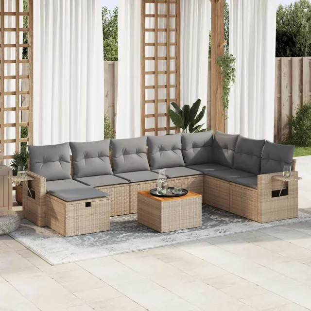 vidaXL 9-delige Loungeset met kussens poly rattan beige, foto 2