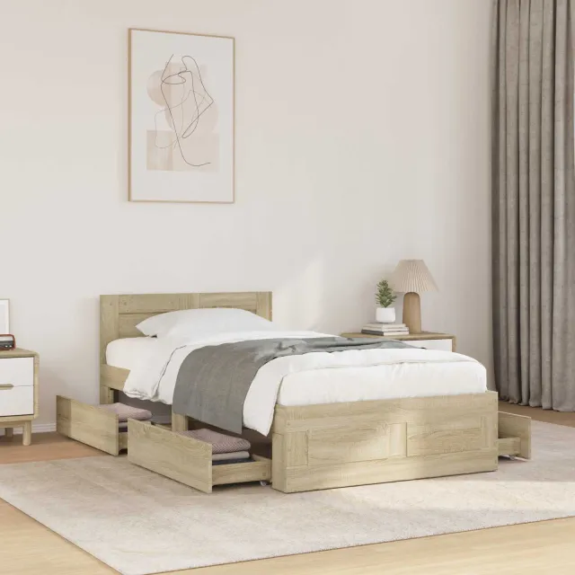 vidaXL Bedframe met hoofdeinde bewerkt hout sonoma eiken 100x200 cm Bruin