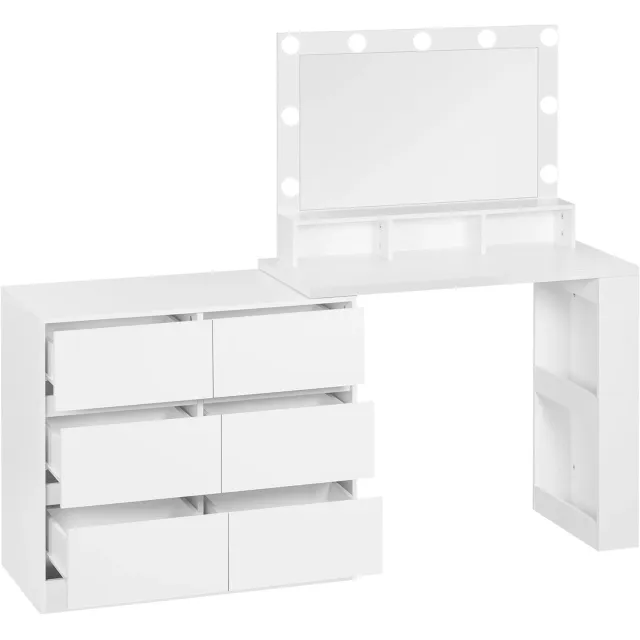 Ropilly Kaptafel Met Spiegel En Verstelbare Ledverlichting - Witte Kaptafel Met 6 Grote Lades - 2 In 1 Kaptafel En Bureau Voor Slaapkamer - MDF White