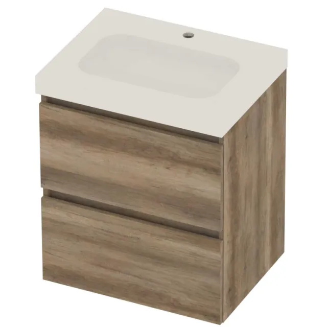 Basic-Line Moby 46 Badmeubelset Polystone 1 Kraangat Greeploos 60x46x66 cm Scotch Oak Glans Wit