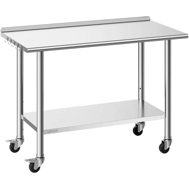 Vevor Roestvrijstalen Tafel voor de Horeca, 1220 X 610 X 894 mm, Verstelbare Roestvrijstalen Tafel met Wielen, Opstaande Rand (30 mm), Werktafel met Onderblad voor Restaurants, Bovenblad (245 kg), Onderblad (204 kg) Zilver