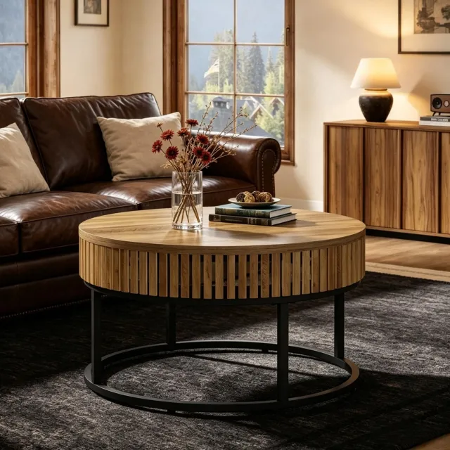 MIVRAY Salontafel - Ronde MDF Tafel Met Metalen Onderstel - Voor Woonkamer Kantoor En Ontvangstruimte - Zwart Bruin - 80x80x45 Cm Zwart en bruin