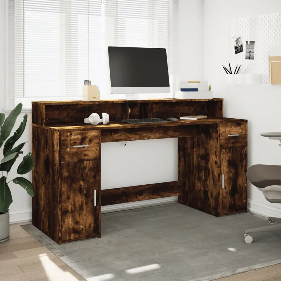 vidaXL Bureau Gerookt eiken 160 x 55 x 91 cm Engineered Wood, foto 3