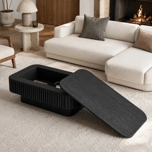 DESMIU Salontafel - Afneembaar Klapblad Met Verborgen Opbergruimte - Voor Woonkamer Of Kantoor - MDF Met Houtfineer - 98x60x35 Cm - Zwart