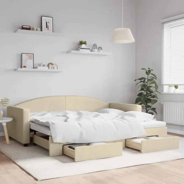 vidaXL Slaapbank met onderschuifbed en lades 90x200 cm stof crèmekleur