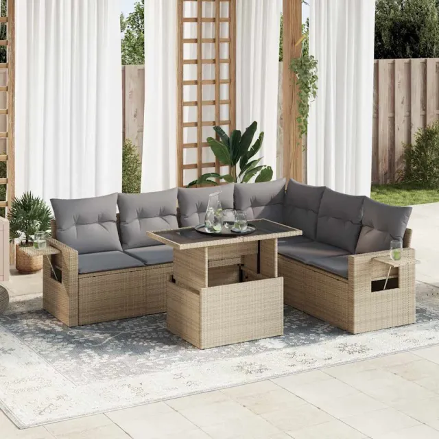vidaXL 7-delige Loungeset met kussens poly rattan beige, foto 2