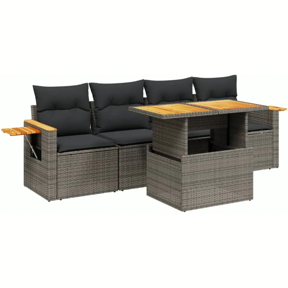 vidaXL 5-delige Loungeset met kussens poly rattan grijs, foto 3