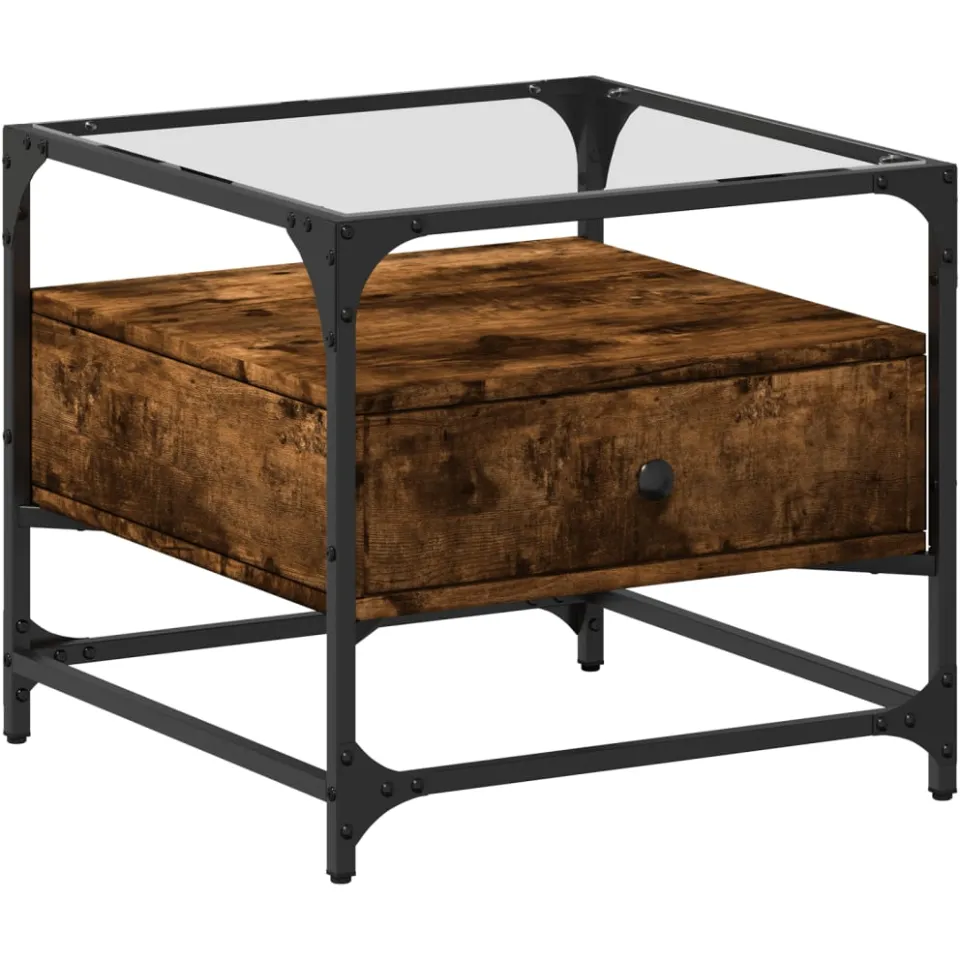 vidaXL Salontafel met glazen blad 50x50x45 cm gerookt eiken staal, foto 3