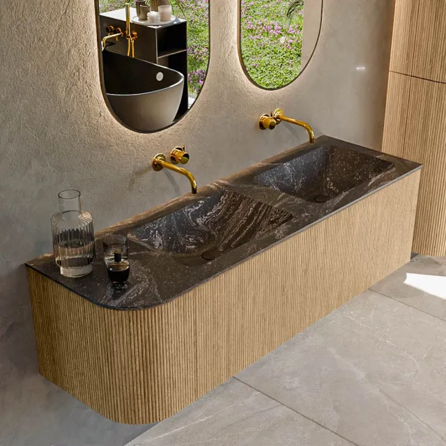 Mondiaz KURVE-DLUX 145 cm Onderkast Greeploos 1 Lade Met Deuren Oak, Wastafel Solid Surface Rechts Lava 0 Kraangaten Zonder Spiegel (KRVLEA145L1L1D0KD-Oak/Lav)
